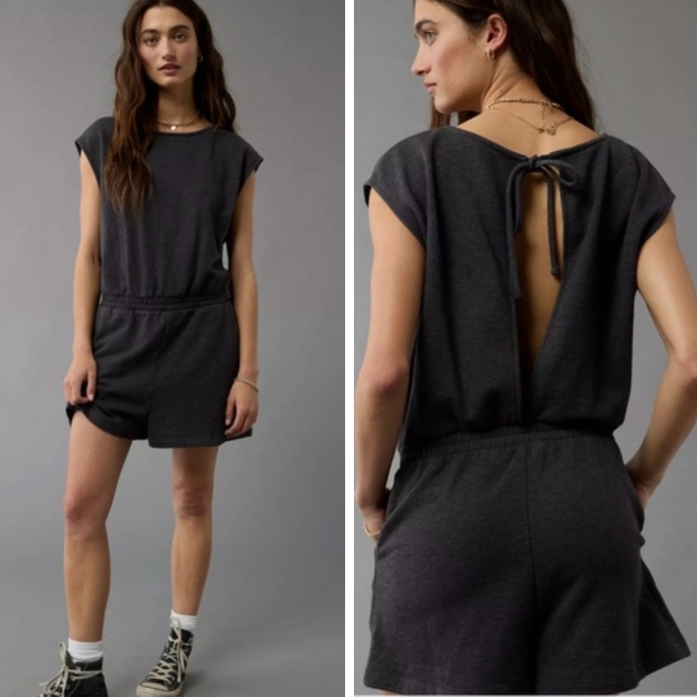 American Eagle Gray Open Back Crew Neck Fleece Romper Women's Size Medium